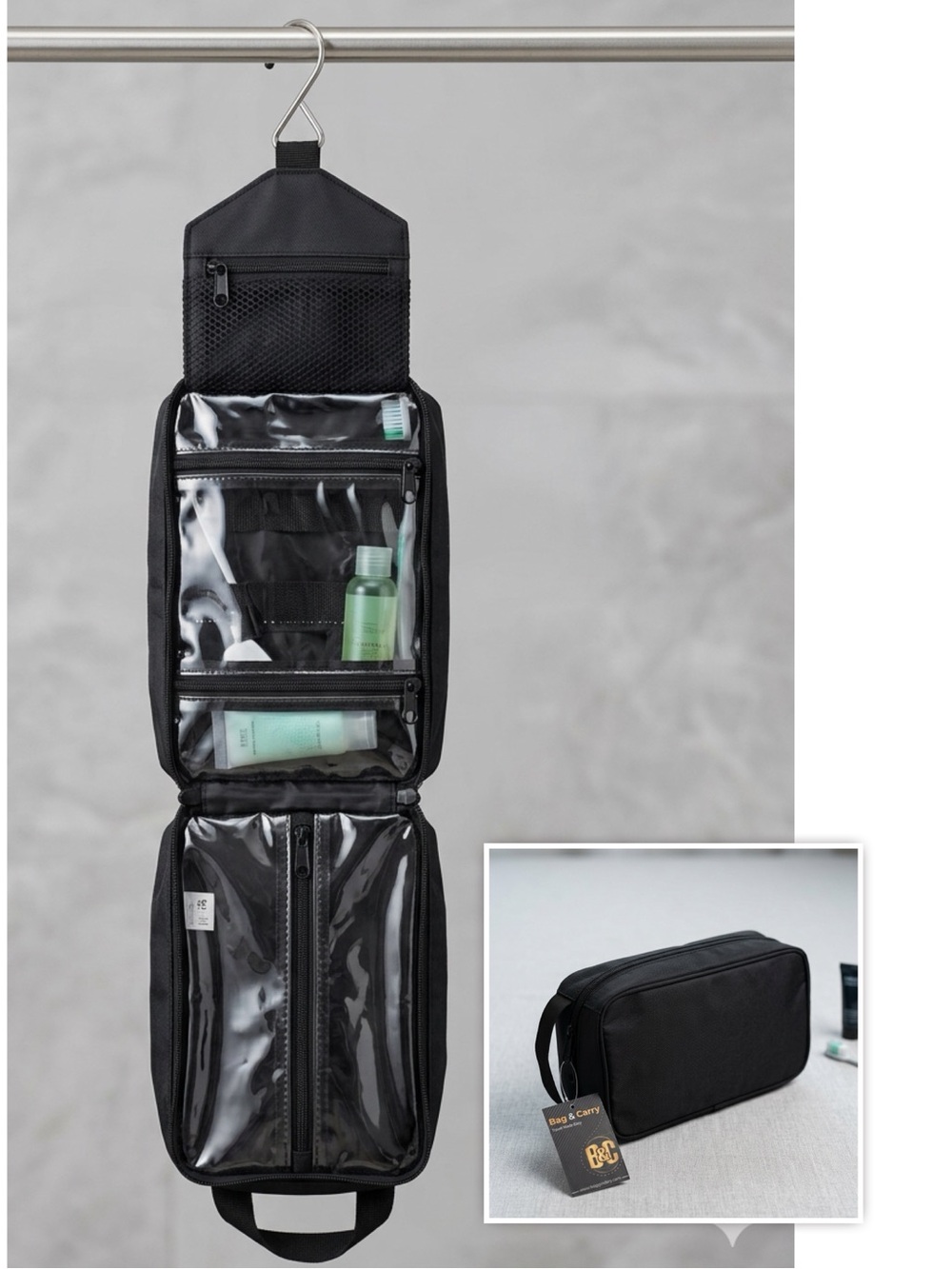 NWT Bag & Carry Versatile Hanging Travel Toiletry Cosmetic Bag Organizer Black